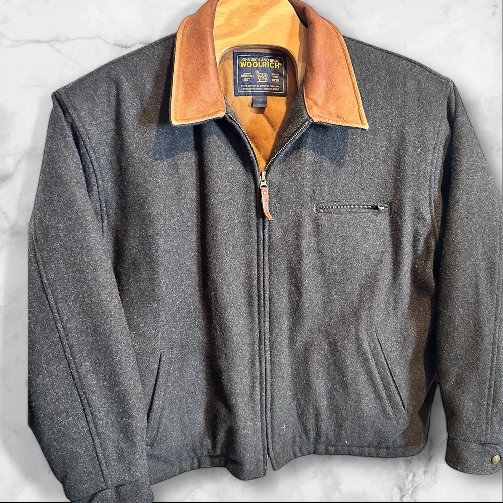Woolrich Mens Charcoal Heather‎ Wool Blend Jacket Leather Collar Size 2XL